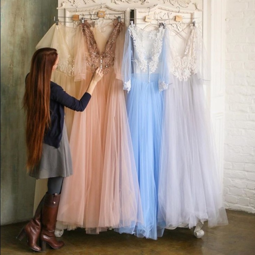 BLUE Budoir lace and tulle gown handmade small